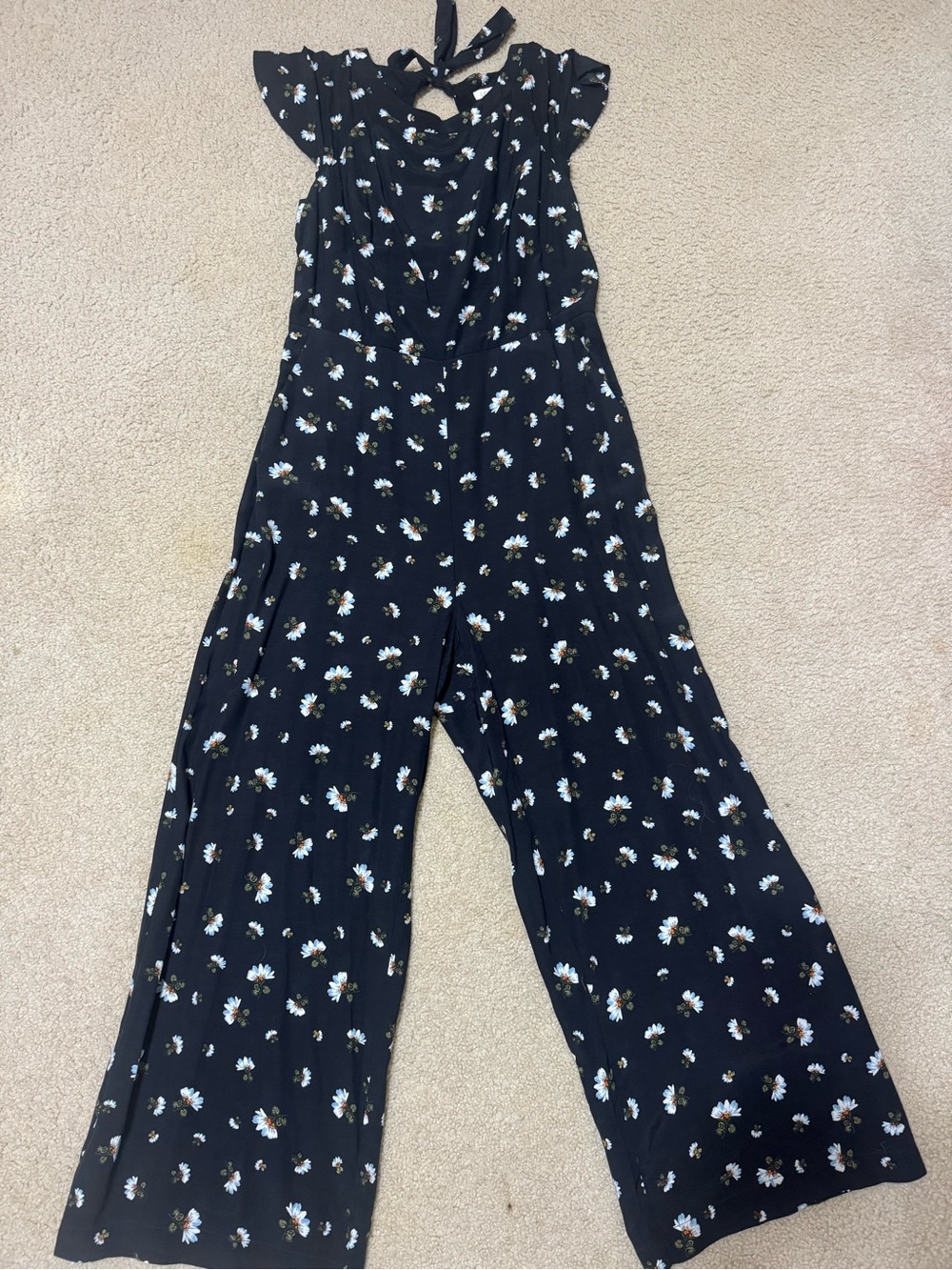 LOFT Black Floral Tie-Back Wide-Leg Jumpsuit